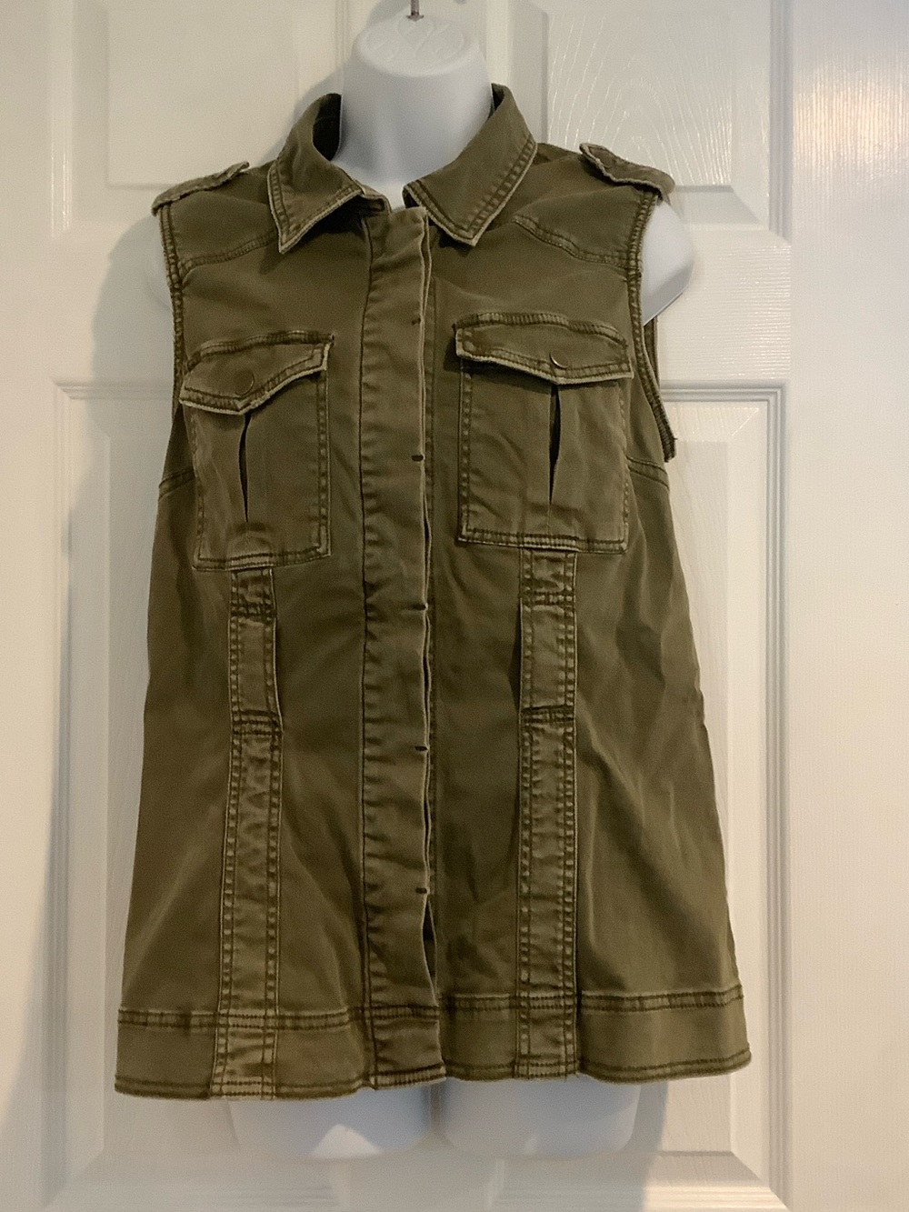 DESIGN LAB/LORD&TAYLOR Green Cotton Military Grunge Safari Button Front Vest L